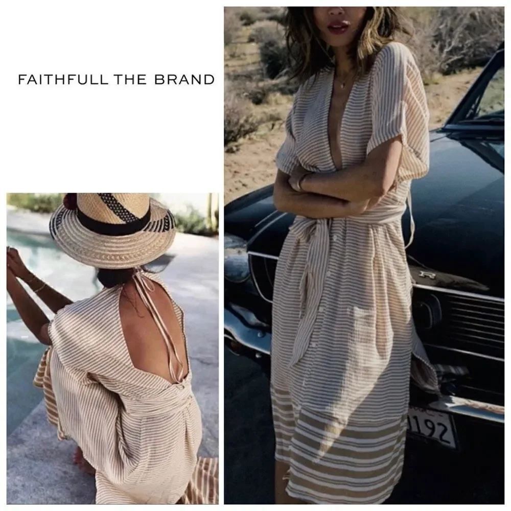 New. Faithfull the Brand Beige Striped Midi Dress. Size 4. Retails $180